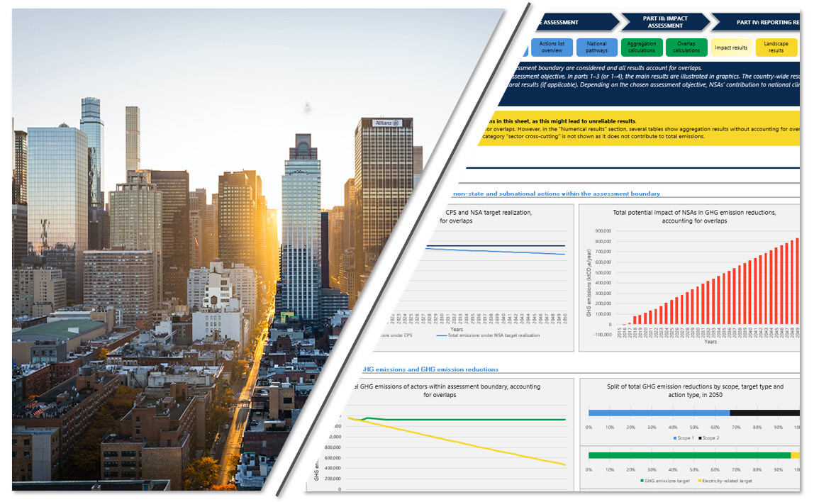 Split image of a cityscape on one and the dashboard of the tool on the other side