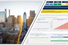 The graphic is split and shows on the left side a city with skyscrapers and on the right a screenshot of the tools dashboard