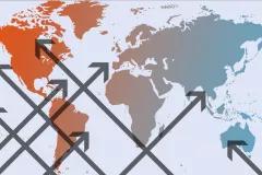 World map with overlaying arrows in different directions pointing upwards