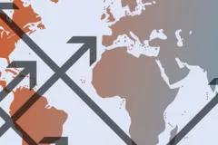A world map with a colour gradient from orange to blue and some crossing upwards pointing arrows on top of it