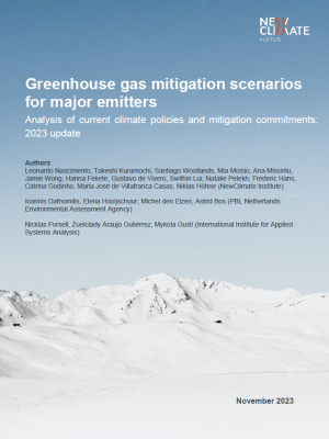 Report cover showing snowy mountain, title of report, NewClimate Institute logo and authors