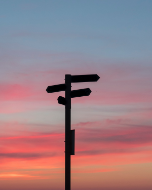 Signpost in front of sunset or sunrise